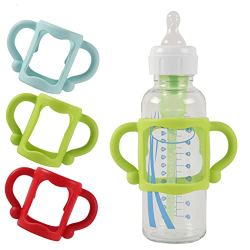Image of TonGass (3-Pack) Bottle Handles for Dr Brown Narrow Baby Bottles with Easy Grip Handles to Hold Their Own Bottle - BPA-Free Soft Silicone - Red Green and Blue