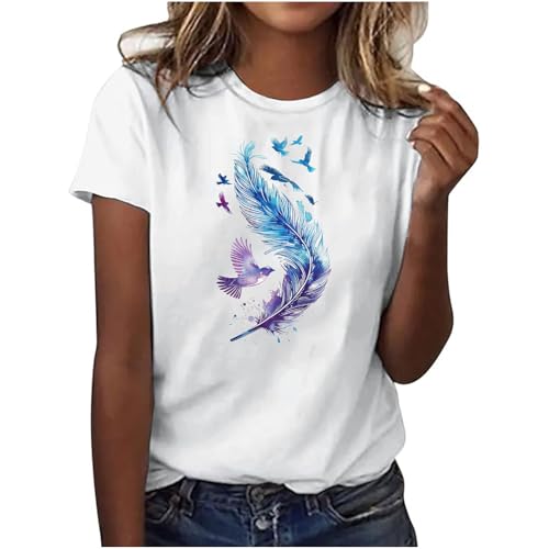 Feather Print T Shirts for Women Casual Graphic Tops Crew Neck Short Sleeve Blouses Loose Fit Soft Tees for Summer Lilac