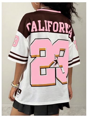 Image of BEAUDRM Girl's Jersey Shirts Leopard Number Print Jersey Shirt Cheetah V Neck Half Sleeve Oversized Tee Tops