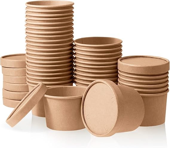 Image of [350 ml, 15 Count, Brown Disposable Kraft Paper Container with Lid | Eco-Friendly Bowl /Tub for Picnic, Travel, Food Truck | Ideal for Both Hot & Cold Food