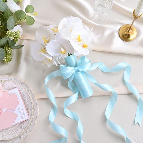 Image of Double Face Light Blue Satin Ribbon 7 /8 Inch X 100 Yards Polyester Ribbon for Gift Wrapping Very Suitable for Weddings Party Hair Bow Invitation Decorations and More