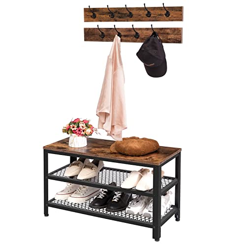 Hoobro Coat Rack Shoe Bench, Hall Tree Entryway Storage Bench, Shoe Rack Organizer With Coat Hooks, 3-In-1 Design, Wood Furniture With Metal Frame, Rustic Brown And Black Bf17Mt01 #TOP7