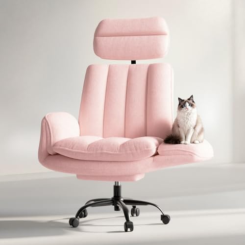 HOMRELEXA Big and Tall Office Chair Ergonomic Reclining Computer Desk Chair with Adjustable Armrests & Foot Rest Plush Teddy Fleece Wide Seat Heavy Duty Gaming Chair Pink