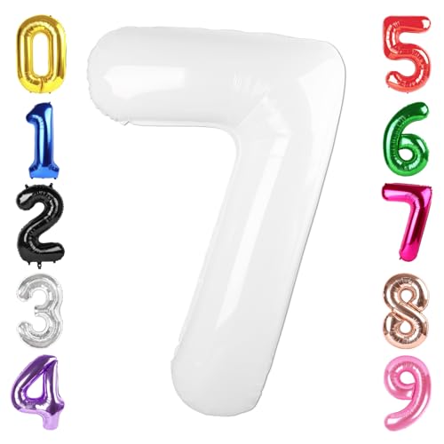 Image of 40 Inch White Number 7 Balloon Birthday Party Decorations for Men & Women | 40 Inch White inflatable foil number balloons, large birthday decorations for 7th birthday