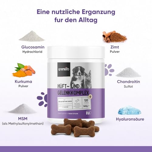 Hüft- & Gelenk Komplex - 120 Kausnacks - Soft Chews mit MSM, Kurkuma, Glucosamin, Hyaluronsäure & Chondroitin - Hundeleckerli & Katzen Leckerli - Alternative zu Gelenktabletten Hund - animigo