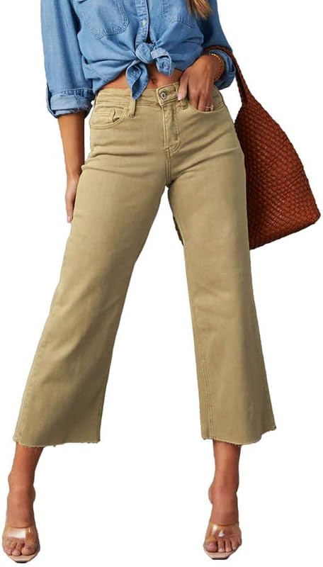 Allimy Women's High Waisted Straight Ankle Wide Leg Ripped Jeans Frayed Hem Stretchy Capri Denim Pants - Image 5