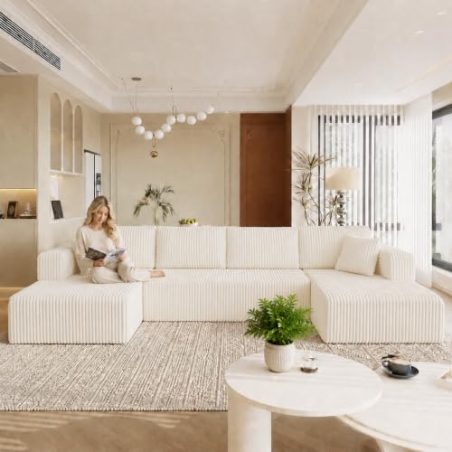 Image of KCGKCG 132 inch U Shaped Corduroy Cloud Couch - No Assembly Required, Beige