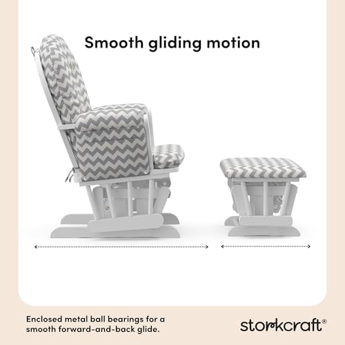 Storkcraft Premium Hoop Glider & Ottoman (White/Gray Chevron) — GREENGUARD Gold Certified Nursery Glider, Solid Wood Craftsmanship, Smooth-Gliding Nursery Chair and Ottoman, Award-Winning