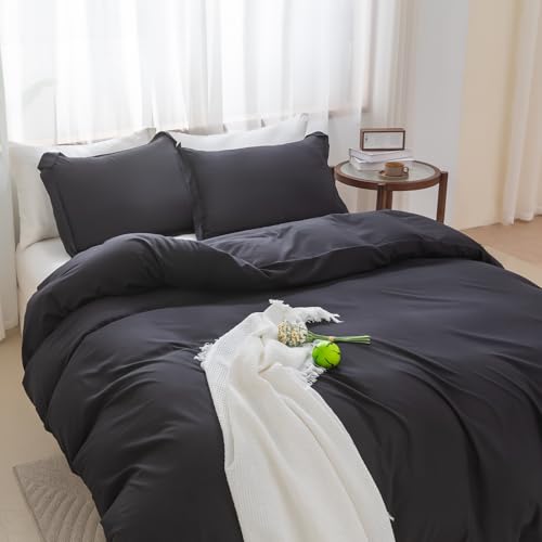 Image of SheRest Black Duvet Cover Full Size - Soft Brushed Microfiber, 3 Pieces, 1 Duvet Cover 80x90 Inches with Zipper Closure 8 Ties & 2 Pillow Shams, Breathable Bedding Set for All Season (No Comforter)