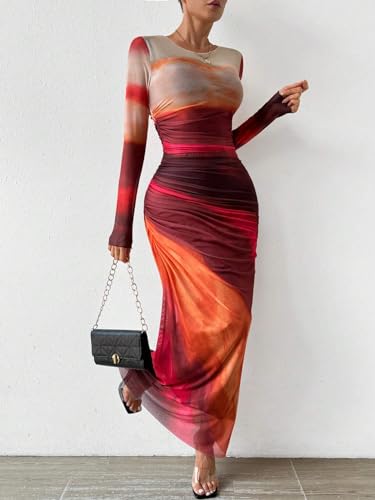 Image of MARZXIN Women Long Sleeve Maxi Dress Bodycon Ruched Formal Slim Fit Tie Dye Dress Formal Mesh Dress