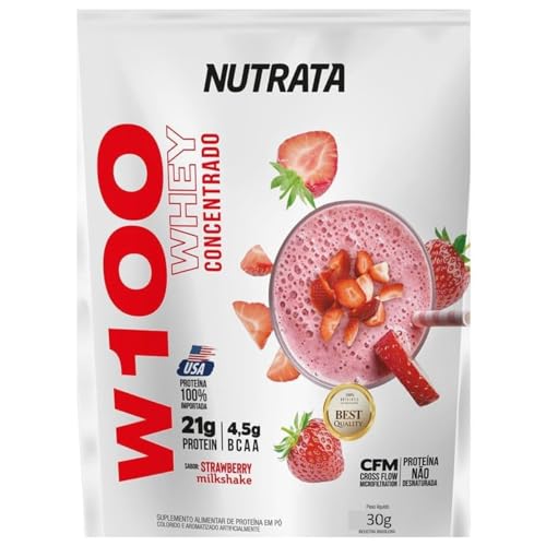 W100 Whey Concentrado - 1 Sachê 30g Morango - Nutrata W100 Whey Concentrado - 1 Sachê 30g Morango - Nutrata