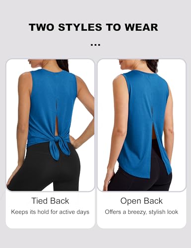 Image of MAGCOMSEN Workout Tank Tops Woman Summer Open Back Yoga Athletic Shirts Sleeveless Tie Back Loose Fit Gym Muscle Tank