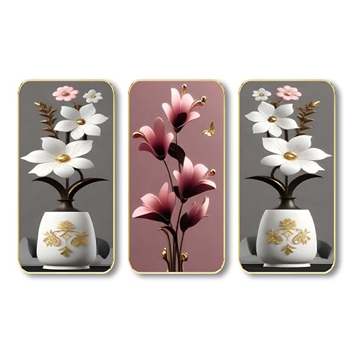 Image of SAF Floral Vase Wall Painting - 3 Panel MDF Board Artwork with Golden Frame | Elegant White & Pink Flowers in Decorative Vases | Modern Wall Decor for Living Room, Bedroom & Home (20 X 35 Inch) SG-57