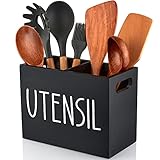 ALELION Wood Kitchen Utensil Holder with 2 Compartments, 7' Large Rustic Utensil Caddy Organizer for Kitchen Counter, Black Farmhouse Kitchen Decor and Accessories for Countertop