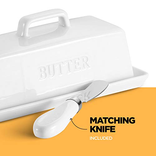 Ceramic Butter Dish Set with Lid and Knife - Decorative Butter Stick Holder with Handle for 1 Stick of Butter - Microwave Safe, Dishwasher Safe - Anti-Scratch Stickers Included - Thumbnail 4