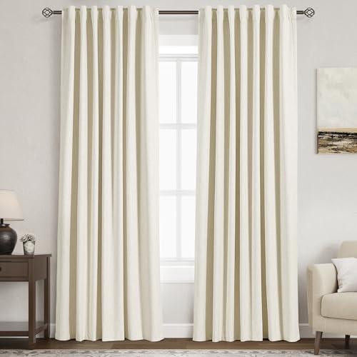 Image of Nanspring Warm Beige 100% Blackout Linen Curtains 84 Inch Length 2 Panels Set for Bedroom Back Tab Modern Farmhouse Decor Black Out Curtain for Living Room Office Thermal Insulated Drapes 52x84