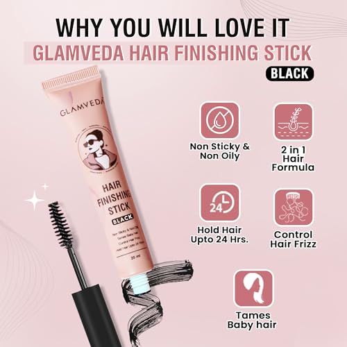 Image of GLAMVEDA Black Hair Finishing Stick for Frizzy Hair | Anti-Frizz Hair Fix Stick for Flyaways & Baby Hair | Non-Sticky & Non-Greasy Formula | Long-Lasting Hold with Rice Water | 20ml Pack of 2