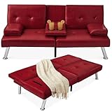 Best Choice Products Faux Leather Upholstered Modern Convertible Futon, Adjustable Folding Sofa Bed, Guest Bed w/Removable Armrests - Burgundy