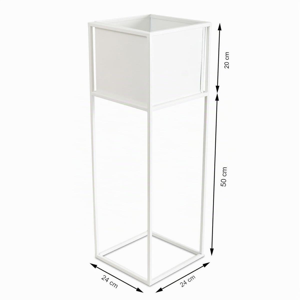 HowHomely Weiß Blumenständer Metall | Pflanzenständer 72 cm Hoch mit Metall Box 19,5 x 20,5 cm | Blumentopfständer im Loft-Stil für die Hausdekoration