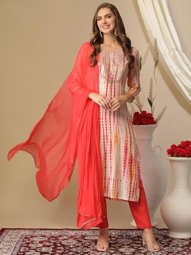 Image of GoSriKi Women's Rayon Blend Straight Printed Kurta with Pant & Dupatta