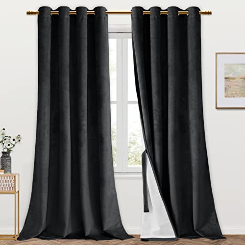 Hiasan 100% Blackout Black Velvet Curtains For Bedroom With Tieback - Premium Thick Double Layer Full Light Blocking Sound Proof Grommet Curtain For Living Room, 52 X 108 Inches Long, Set Of 2 Panels #TOP20