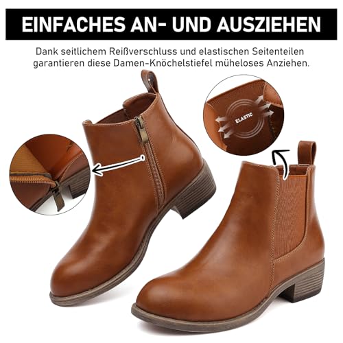 Maxome Stiefeletten Damen Knöchelstiefel Mit Reißverschluss Wasserdichte Leder Stiefeletten Stylische Chelsea Boots Mit Niedrigem Absatz Spitze Zehen Freizeitschuhe Herbst Winter Damenstiefel Braun
