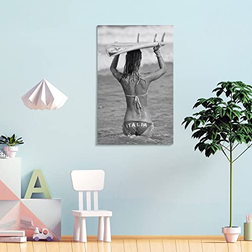 Aomaca Italian Surfer Girl Beach Black And White Surfing Photograph Vintage Poster Canvas Wall Art Room Decoration Aesthetics Wall Paintings Gifts 24X36Inch(60X90Cm) #TOP3