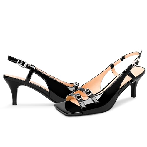 Women's Patent Leather Slingbacks Double Buckle Sandals Open Toe Mid Heel Dress Pumps 5