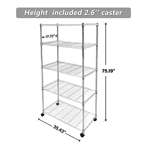 Image of Simple Deluxe Heavy Duty 5-Shelf Storage Shelves, 1750Lb Loading Capacity, 35.43 inch W x 17.72 inch D x 70.87 inch H Adjustable Shelving Unit with Wheels, Chrome
