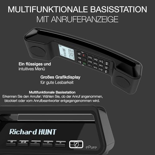 ALCATEL ePure Premium - Schnurloses Festnetztelefon DECT mit Anrufbeantworter - Vintage-Design - Basis mit smarter Anzeige - Grafikdisplay - Freisprechfunktion - Anrufblockierungsfunktion - Schwarz