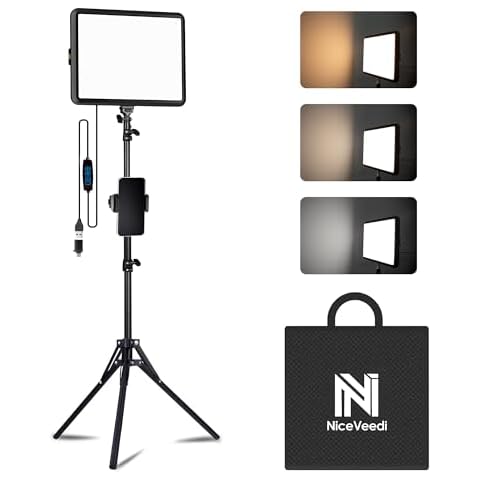 NiceVeedi 1-Pack Photography Lighting Kit, 2800-6500K Bi-Color LED Video Light Kit, Dimmable Studio Light with Tripod Stand & Phone Holder, Light for Video Recording, Game Streaming, YouTube Cover