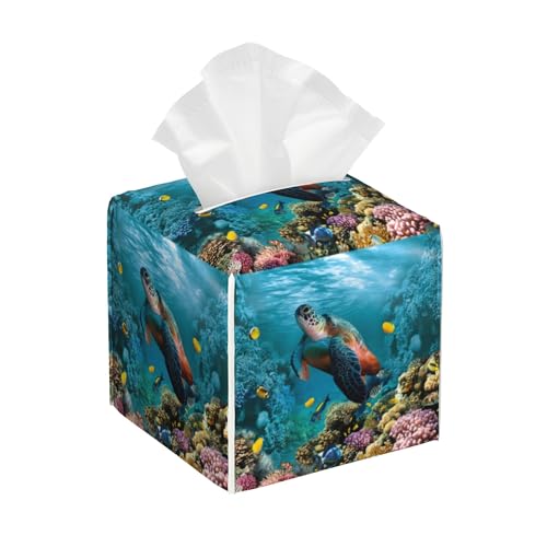 POIUBLE Leather Tissue Box Holder Sea Turtle Tissue Box Cover Square Waterproof Tissue Holder Organizer Modern Napkin Holder for Bedroom Dresser Night Stand Office Desk by POIUBLE - Used condition - US$12.88