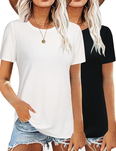 Aottori Camiseta Verano Mujer Pack de 2 Manga Corta T Shirt Cuello Redondo Algodón Básica Blusas Top Elegante Stretchy Ligero Sólido Casual tee Shirts Negro+Blanco XXL