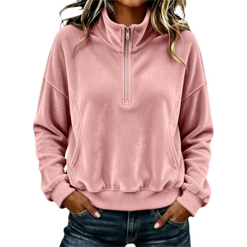 Women 1/4 Zip Velvet Shirts Stand Collar Lounge Pullover Tops Pink