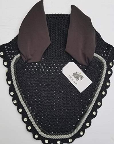 Horse Fly Bonnet with Ears Net Mask Veil with Crystals Blings Hand Made Breathable Cotton Crochet Shows Protect from Bugs and Flies (Cob, Black)