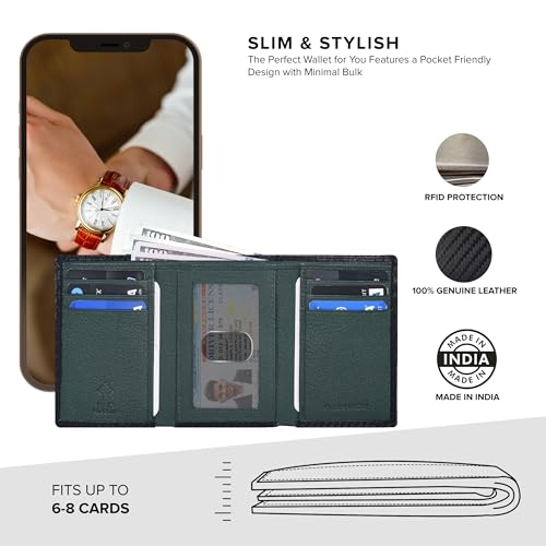 Image of Tri fold Leather Wallet for Men with RFID | Slim Wallets for Men with 1 ID and 6 Credit card slots | Front Pocket Minimalist