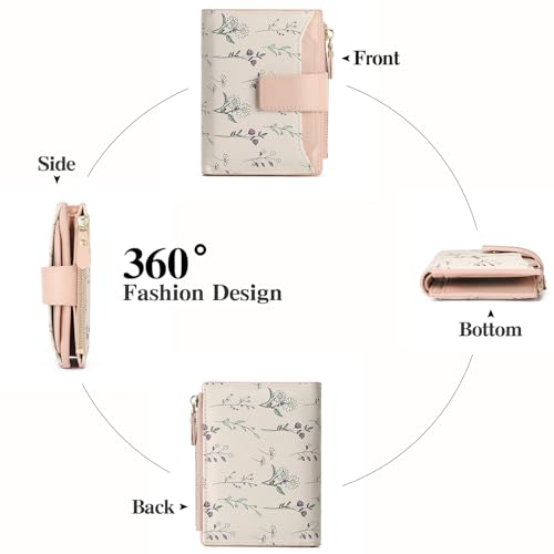 Image of GAEKEAO Small Wallets Woman RFID Blocking Vegan Leather Bifold Floral Ladies Compact Card Holder with Zipper Pocket ID Window