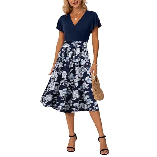 GRECERELLE Spring Summer Dress for Women Casual Ruffle Short Sleeve Wrap V-Neck Dress with Pockets