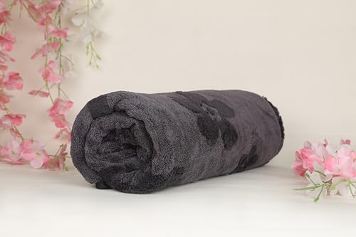 Image of HANKER Ultra Luxury Large /Full Size Plush Bath Towel | Dark Black Colour Blossom Super, Very Soft On Skin, Luxurious Fabric, Pure Polyamide, 70x140cm, 500GSM