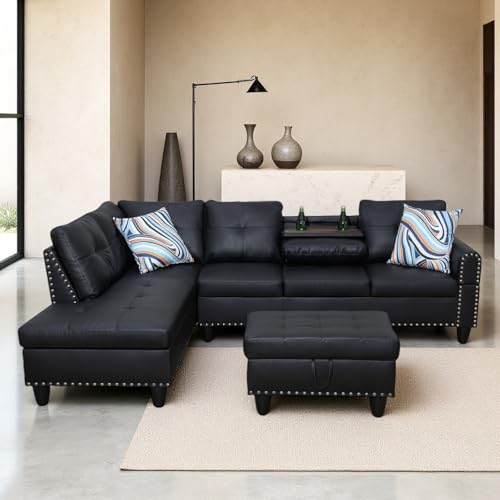 GlasFlength Black Leather 4-Seat Sectional Sofa with Ottoman