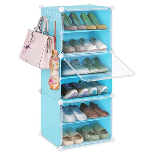 Image of ABOUT SPACE Plastic Shoe Stand with Hanger & Door for Home - Portable,Expandable 3 Cube Shoe Stand for Boots,Heels - DIY 12 Pair Flipflop,Slipper Stand for Women,Men,Outdoor (Blue) 300 x 400 x 900 mm