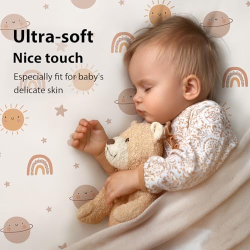 Baby Mini Crib Sheets Boy, Portable 38”x26” Pack and Play Sheets Fitted for Playard and Pack N Play Mattress, 3-Pack Soft Microfiber Orange Sun Rainbow