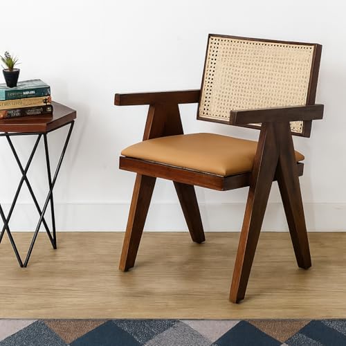 Image of Furniture Solid Sheesham Wood Arm Chair with Cushion and Cane Back Support Chair Living Room Bedroom Home Wooden Armchair Furniture Garden Balcony Outdoor & Indoor Set (Honey Camel seat)
