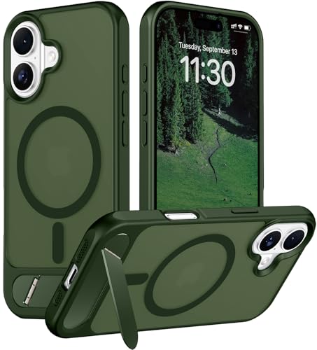 Image of Designed for iPhone 17 Case, [Built-in Invisible Kickstand][Compatible with MagSafe][Military Grade Shockproof] Slim Translucent Matte Phone Case 6.3 inch (Green)