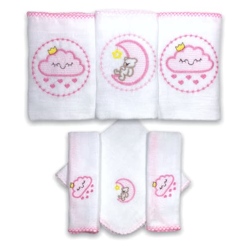 Kit 6 Fraldas De Pano Bordadas (3 De Ombro + 3 De Boca) Céu Rosa