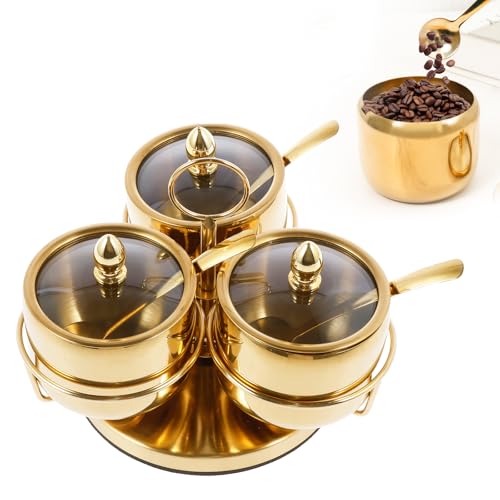 Stainless Steel Sugar Dispenser Set Sugar Bowl, Rotatable 3 Flavour Seasoning Jar with Visible Glass Lid, Seasoning Box Easy to Choose Dispenser, Flexible Easy to Use Seasoning Container for Kitchens