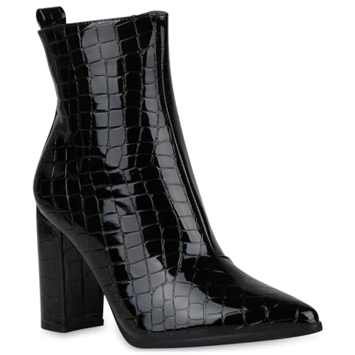 VAN HILL Damen Klassische Stiefeletten Leicht Gefütterte High Heels Spitze Boots Absatzschuhe Snake Print Schuhe 195789 Schwarz Kroko Lack 37