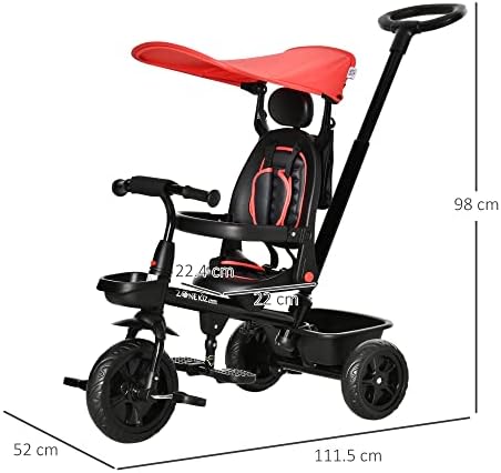 HOMCOM 4-in-1 Kids Tricycle Toddler Trike w/ Reversible Angle Adjustable Removable Seat Adjustable Handle Canopy Handrail Belt Storage Footrest Ages 1-5 Years - Red