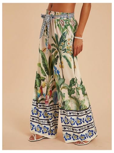 Women's Tropical Printed Wide Leg Pants Boho Elastic Waist Beach Trousers with Belted2