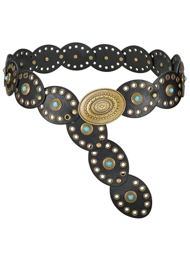 WERFORU Women Western Belts Wide Disc Belt with Turquoise for Dress Cowgirl Country Belts Boho Concho Leather Belt for Concert Outfits Black